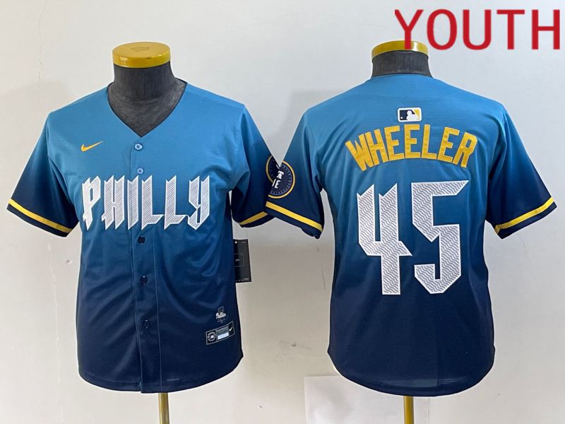 Youth Philadelphia Phillies #45 Wheeler Blue City Edition Nike 2024 MLB Jersey style 1->women mlb jersey->Women Jersey